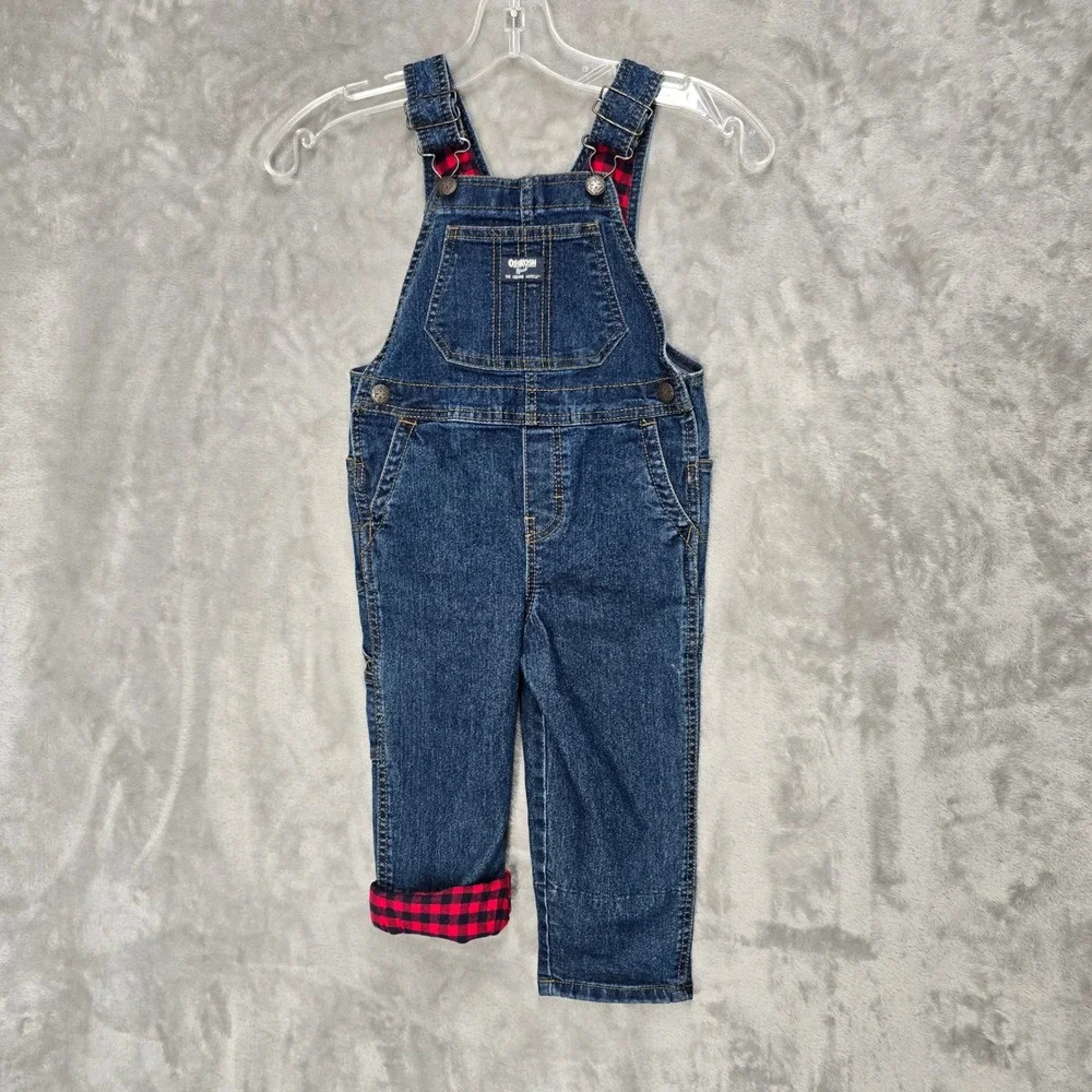OshKosh B'gosh Overalls Toddler 3T Blue Denim Red Buffalo Plaid Lined Farm